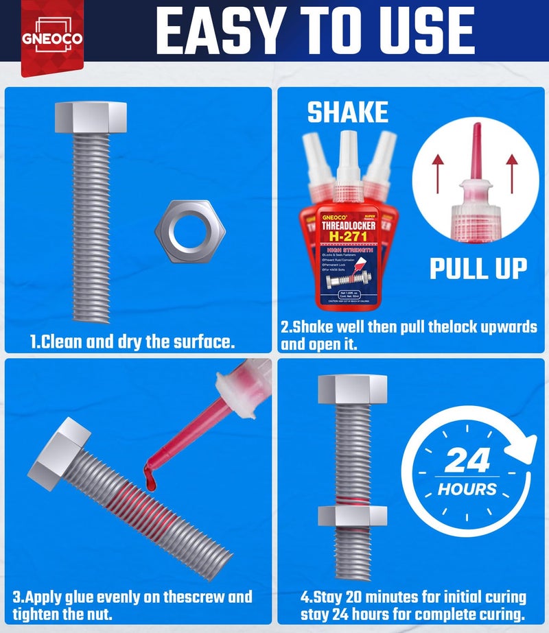 GNEOCO ThreadLocker Blue and Red, Thread Lock Medium High Strength Lock Tight for Nuts, Bolts, Fasteners and Metals, Anaerobic Curing Metal Glue to Prevent Loosening and Corrosion (M243 H271-100ml) - Image 5